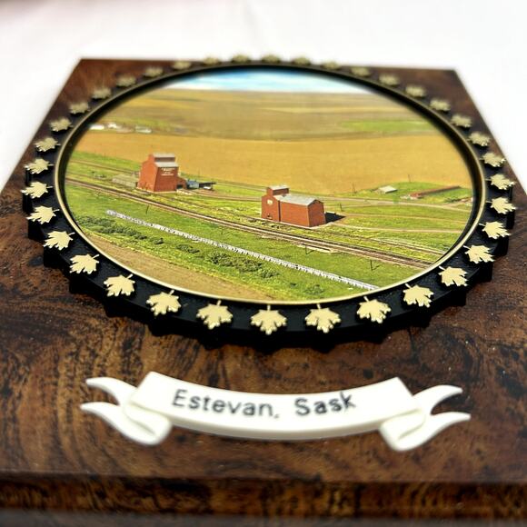 Estevan, Sask Wall Plaque Vintage Souvenirs 5 x 6 " wood FARM Picture in box - Picture 2 of 4